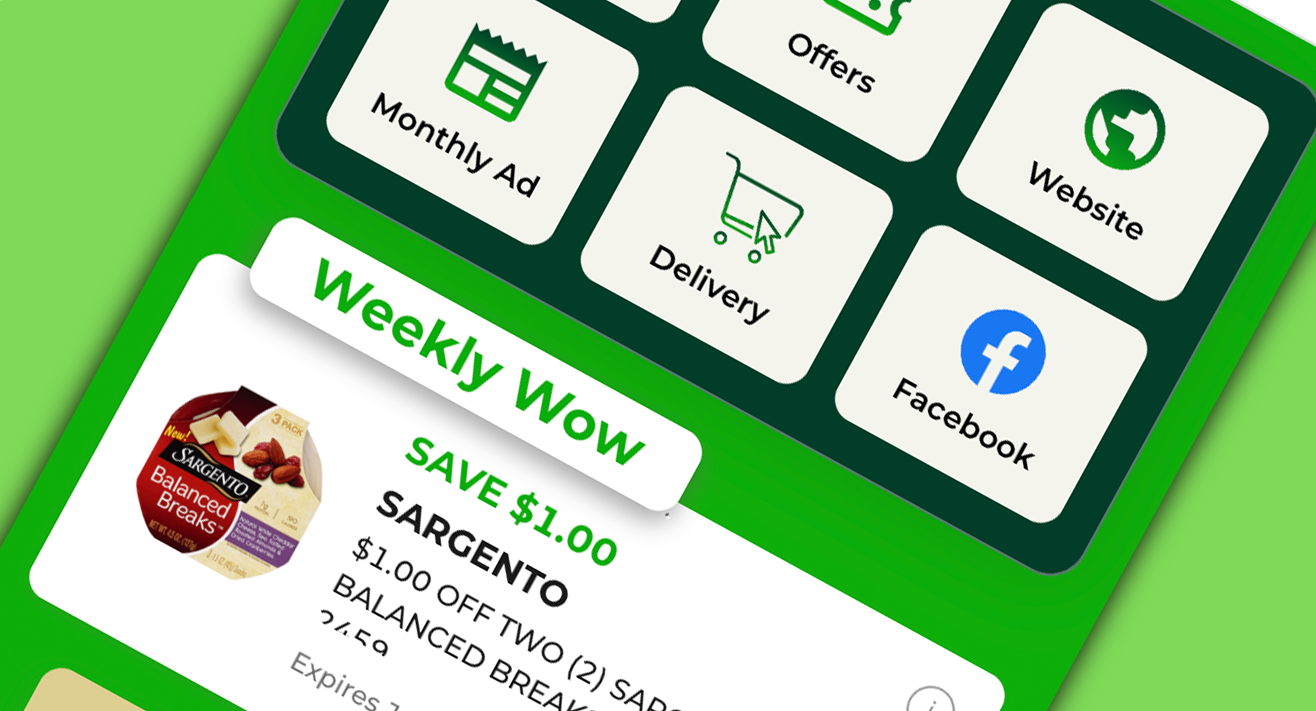 Close-up of the grocer-branded app home screen showing its main menu tiles and the Weekly Wow coupon offer