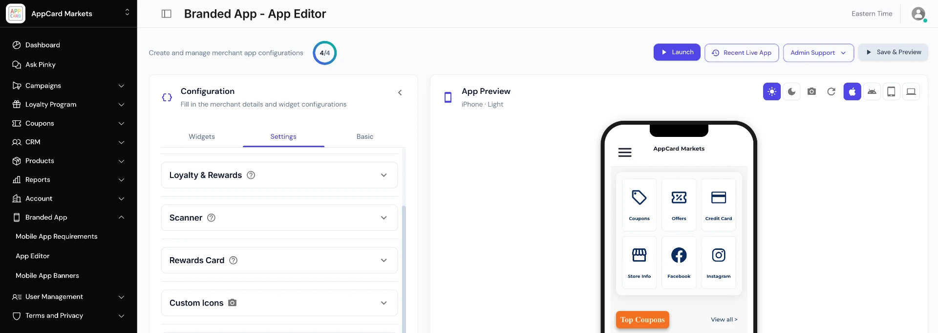 AppCard Management Suite App Editor showing widget configuration settings beside a live iPhone preview of the branded app