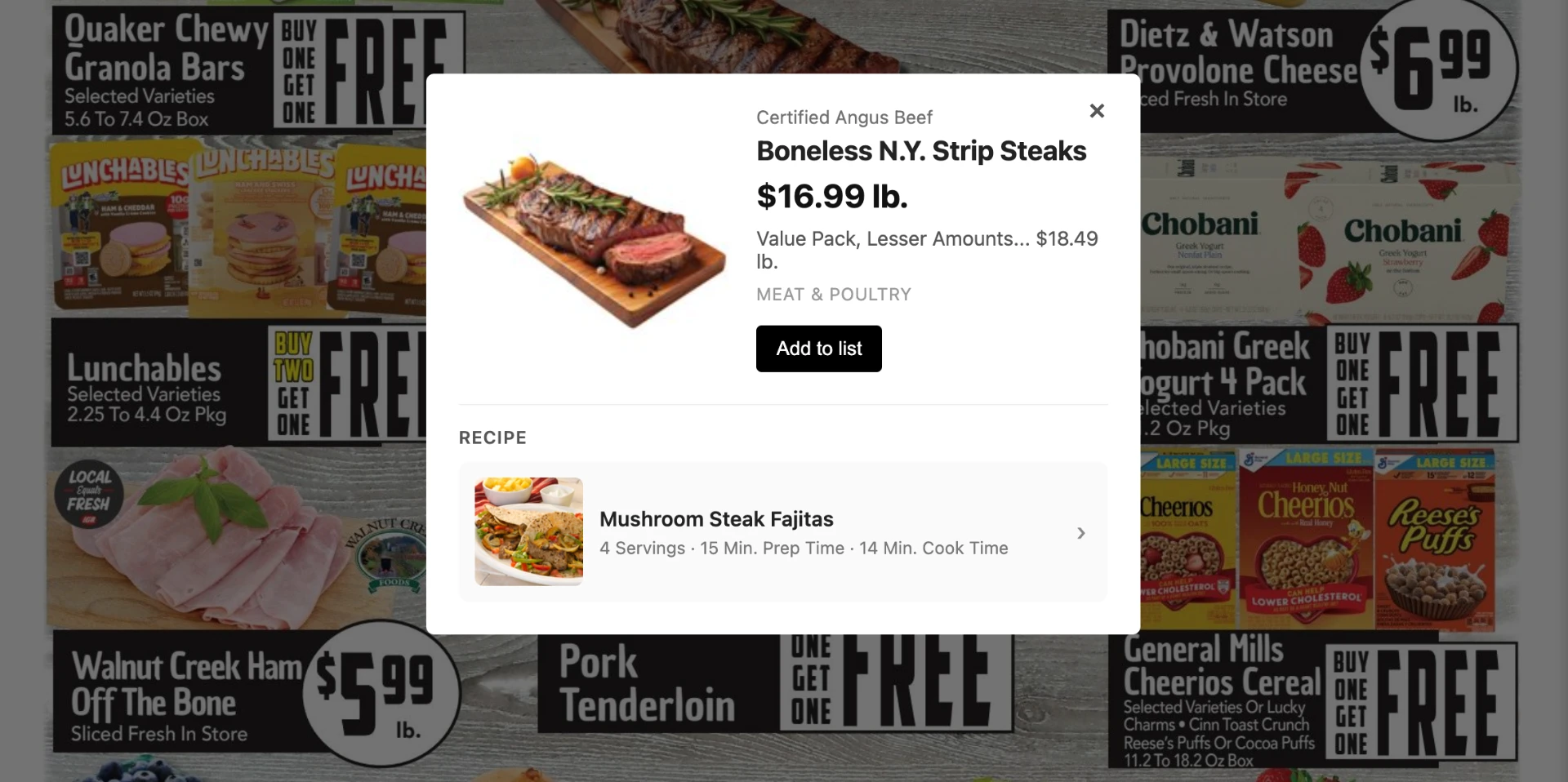 Digital circular with an item detail popup showing Boneless N.Y. Strip Steaks, an Add to list button and a linked recipe